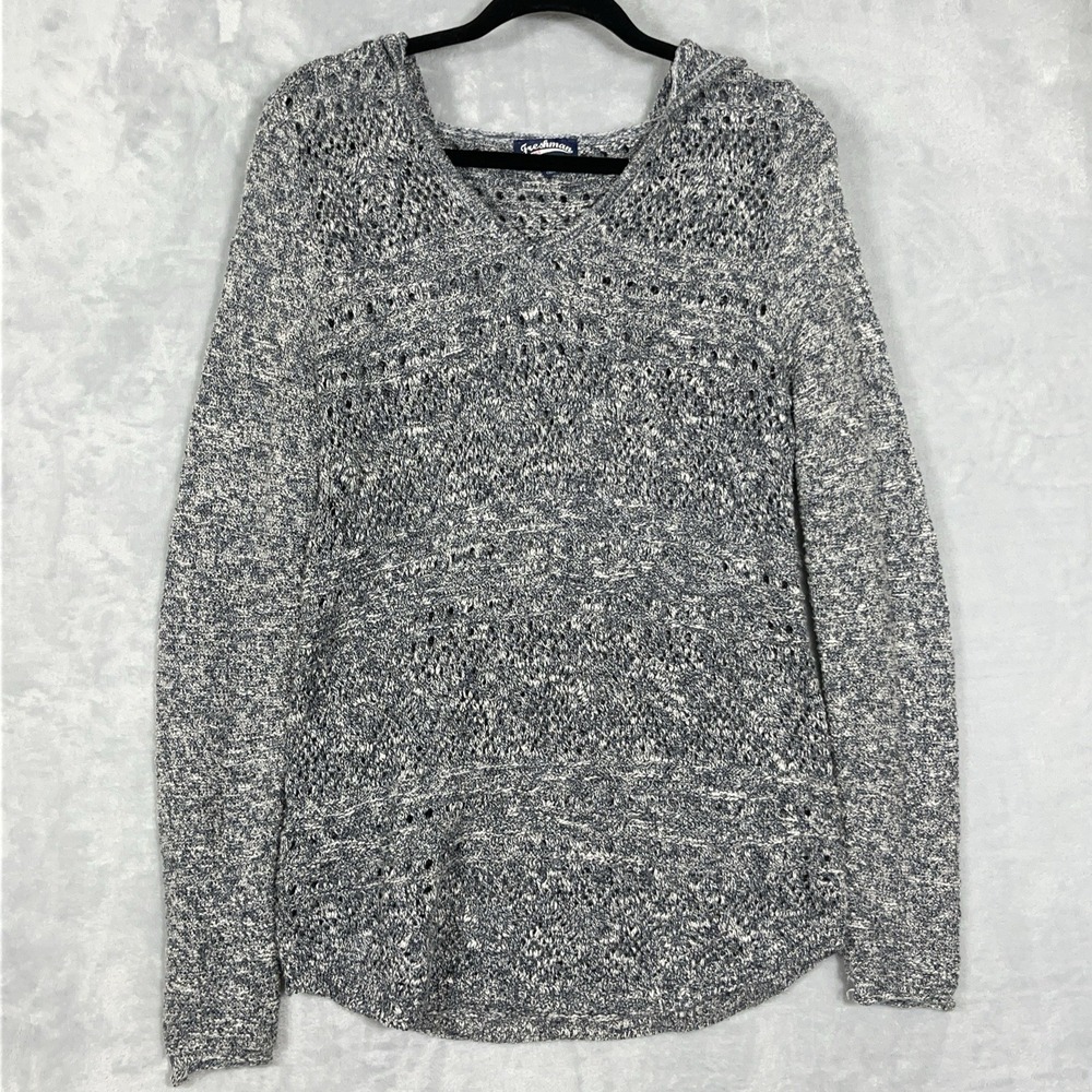 Freshman Sweater L‎ Blue White Hoodie Long Sleeve Open Knit V-Neck Tunic Y2K